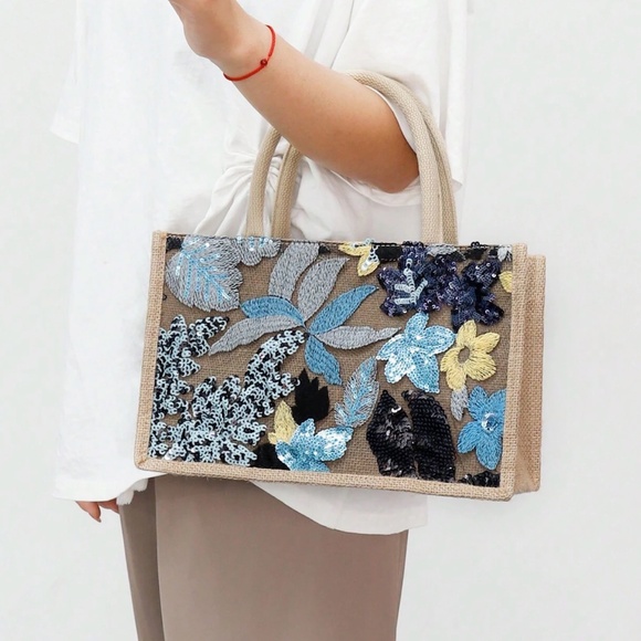 Boho Sequin Embroidered Burlap Medium Size Tote Bag - Picture 9 of 11